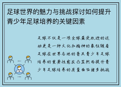 足球世界的魅力与挑战探讨如何提升青少年足球培养的关键因素