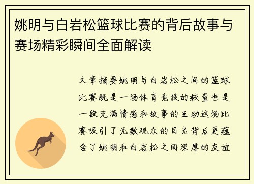 姚明与白岩松篮球比赛的背后故事与赛场精彩瞬间全面解读